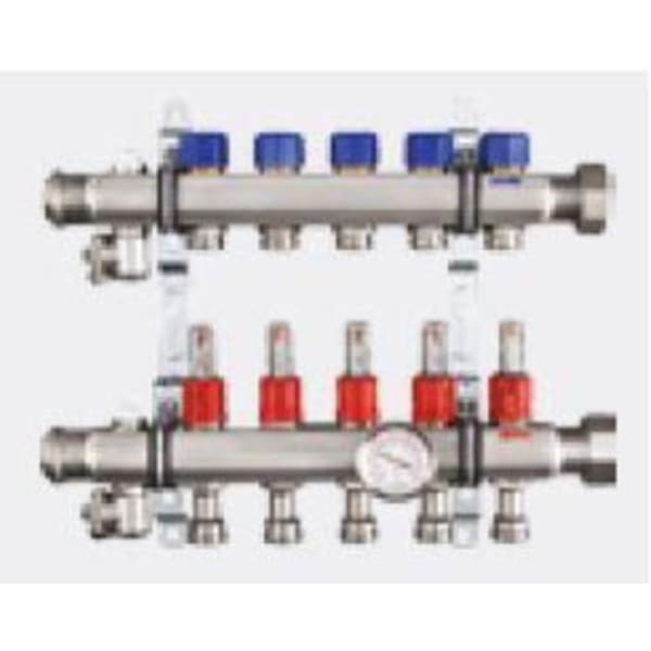 1-1/4" x 1", Union x FPT, 100 PSI, 304 Stainless Steel, 10-Port, Heating and Cooling Manifold with Shut-Off/Balancing Valve/Air Bleeder/Mounting Bracket/Supply Flow Meter Valve