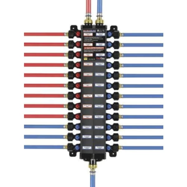 1/2", PEX Press x ManaBloc, 1" Pipe, 100 PSI, Lead-Free, Polysulfone Plastic, 9 Hot/15 Cold Port, Distribution Manifold with 1/4 Turn Valve/T-Handle Valve Key/Polymer Adapter