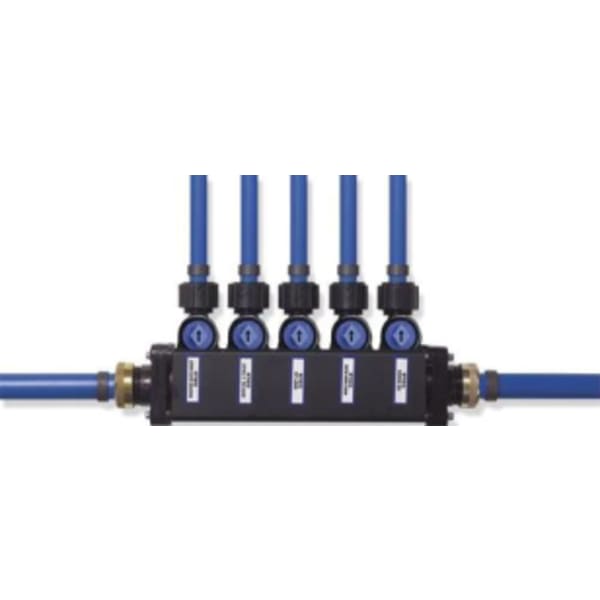 1/2", PEX Crimp x MiniBloc, 1" Pipe, 100 PSI, Lead-Free, Polysulfone Plastic, 4-Port, Zoning Manifold with 1/4 Turn Valve/T-Handle Valve Key/Polyalloy Adapter