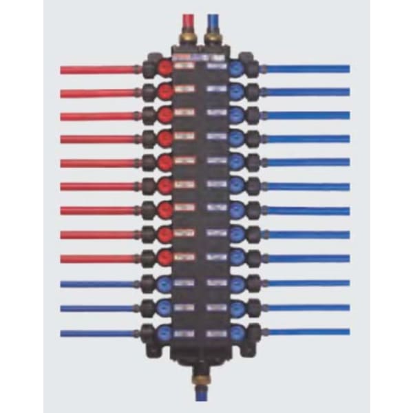 3/8", PEX Crimp x ManaBloc, 1" Pipe, 100 PSI, Lead-Free, Polysulfone Plastic, 14 Hot/22 Cold Port, Distribution Manifold with 1/4 Turn Valve/T-Handle Valve Key/Polyalloy Adapter