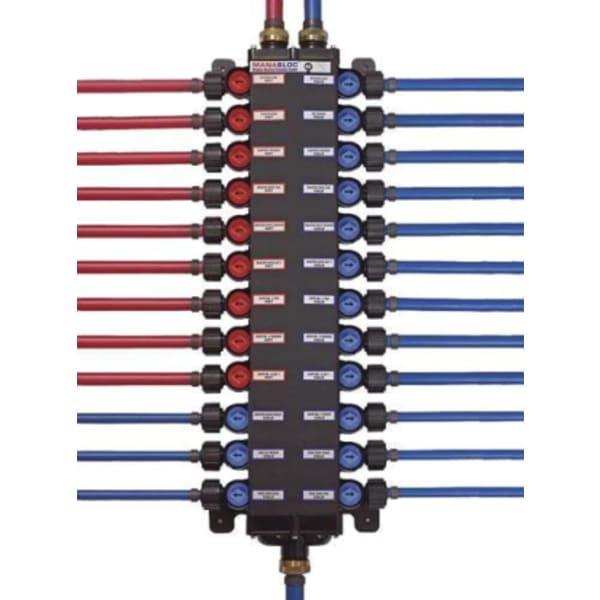1/2", PEX Crimp x ManaBloc, 1" Pipe, 100 PSI, Lead-Free, Polysulfone Plastic, 12 Hot/18 Cold Port, Distribution Manifold with 1/4 Turn Valve/T-Handle Valve Key/Polyalloy Adapter