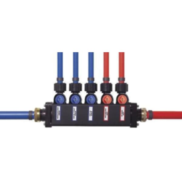 1/2", PEX Crimp x MiniBloc, 100 PSI, Polysulfone Plastic, 2 Hot/3 Cold Port, Zoning Manifold with 1/4 Turn Valve/T-Handle Valve Key/Polyalloy Adapter