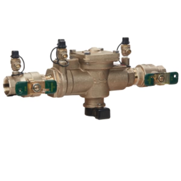 1" Bronze Reduced Pressure Zone Assembly Backflow Preventer, Quarter Turn Shutoff Valves, Cap and Tether, Backflow Flood Sensor
