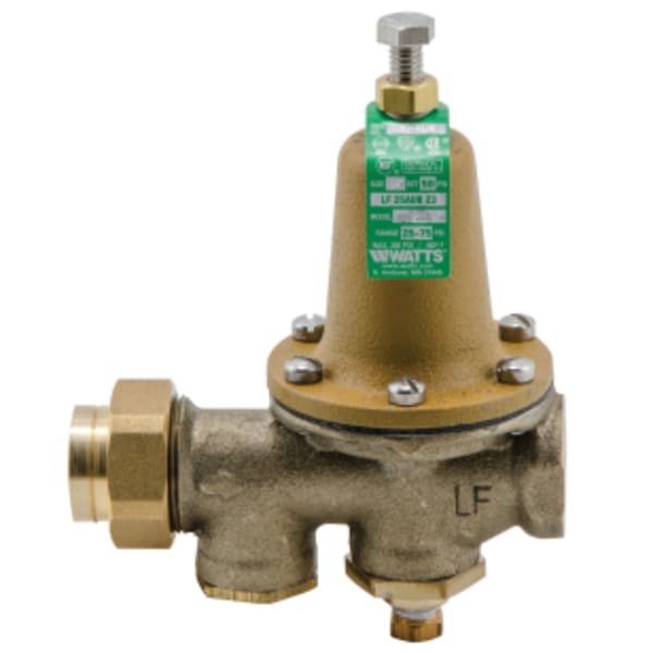 3/4" Lead Free Water Pressure Reducing Valve, FPT Union x FPT, Polymer Seat, Gauge Tapping, Gauge, Adjust 25-75 psi
