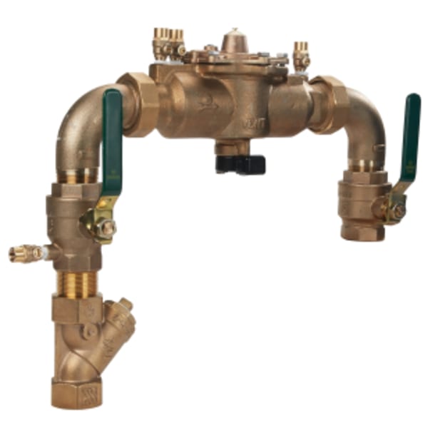 1 1/2" Bronze Reduced Pressure Zone Backflow Preventer Assembly, Quarter Turn Shutoff Valves, Union Connections, Bronze Strainer, SS Handles, Backflow Flood Sensor