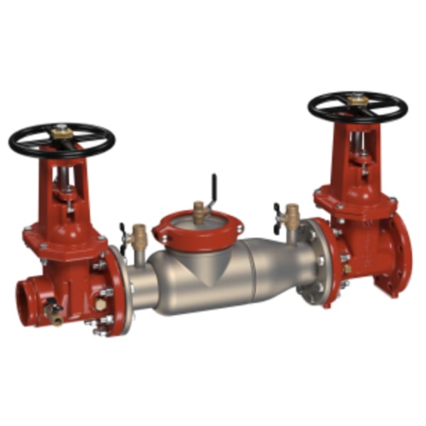 4" SS Double Check Valve Assembly Backflow Preventer, OSY Shutoffs, Grooved"let X Flanged Outlet, Short Lay Length