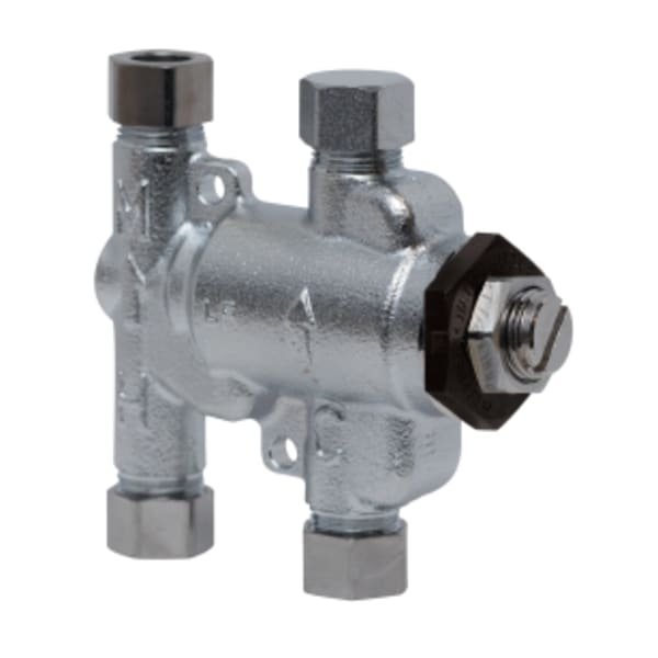 3/8" Lead Free Thermostatic Mixing Valve with Satin Chrome Finish, Adjustable 80-120 F, Low Q Value, Model LFUSG-B-SC M3