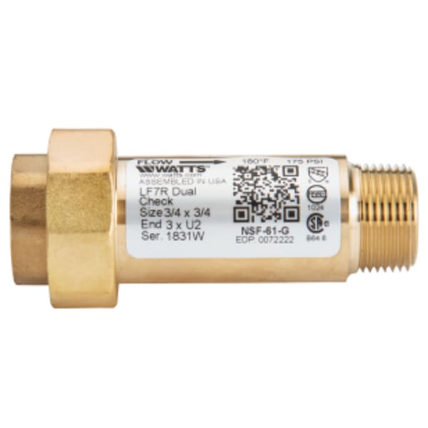 3/4 x 3/4" Lead Free Residential Dual Check Valve Backflow Preventer, Male NPT"let x Union Female NPT Outlet