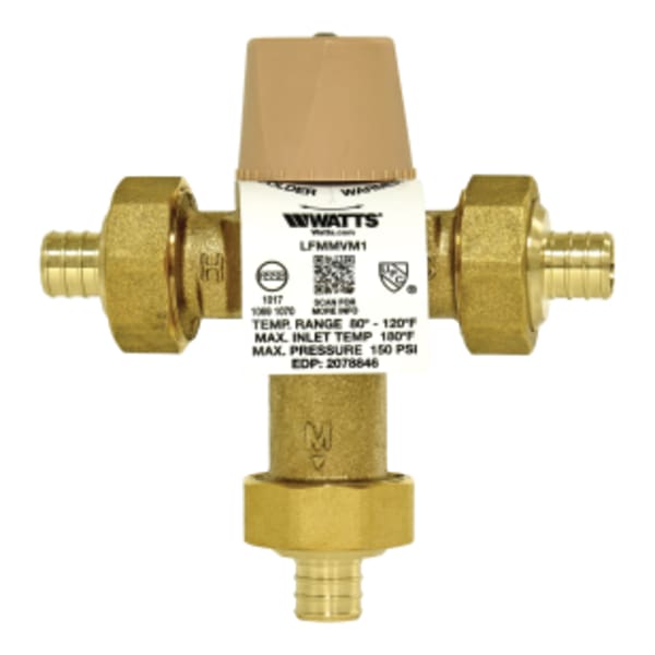 1/2" Lead Free Thermostatic Mixing Valve with Longer Crimp End Connections, Adjustable Out 80-120 F
