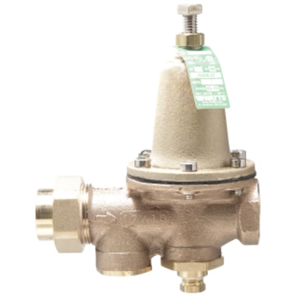 1/2" Lead Free Water Pressure Reducing Valve, NPT Female Union x NPT Female, Polymer Seat, Gauge Tapping, High Range 75-125 psi