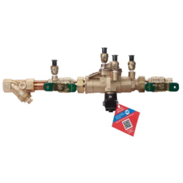3/4" Bronze Reduced Pressure Zone Backflow Preventer Assembly, Quarter Turn Shutoff Valves, Union Connections, Bronze Strainer, Backflow Flood Sensor