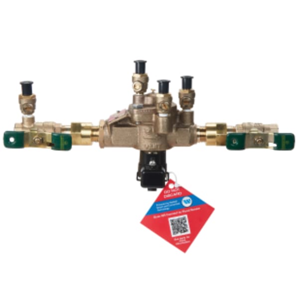 1/2" Bronze Reduced Pressure Zone Backflow Preventer Assembly, Quarter Turn Shutoff Valves, Union Connections, Backflow Flood Sensor