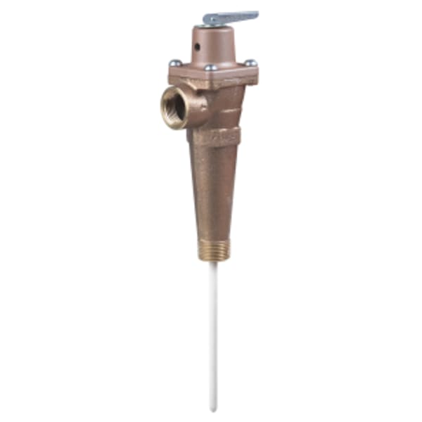 3/4" Lead Free Automatic Reseating Temp/Pressure Relief Valve, 75 psi, 210 F, Test Lever, 1 21/32" Extended Shank, 3 1/2" Thermostat