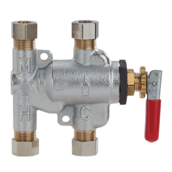 3/8" Lead Free Thermostatic Mixing Valve, Adjustable 80-120 F, with Sanitizing Purge Lever, Satin Chrome