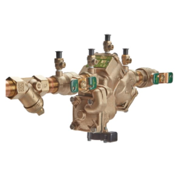 1" Lead Free Reduced Pressure Zone Backflow Preventer Assembly, Quarter Turn Shutoff Valves, Bronze Strainer, Backflow Flood Sensor