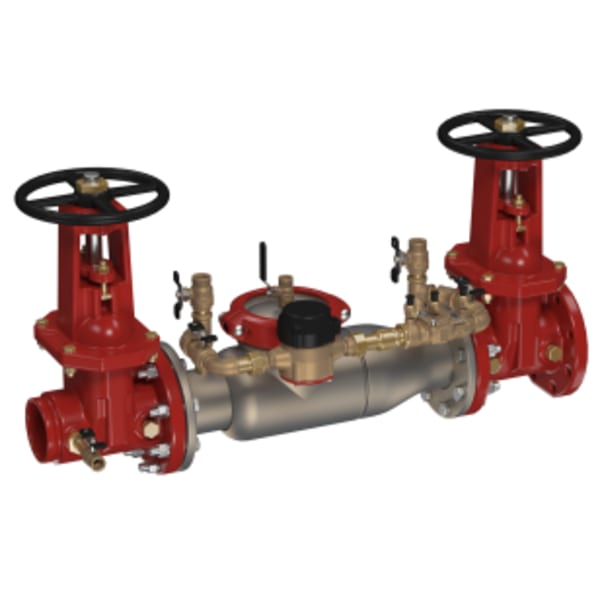 6" SS Double Check Detector Assembly Backflow Preventer, OSY Shutoffs, Grooved"let x Flanged Outlet, Cubic Feet Meter, Short Lay Length