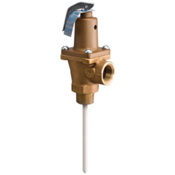 3/4" Lead Free Brass Automatic Reseating T and P Relief Valve, 75 psi, 210 degree F, Test Lever, 5" Extension Thermostat