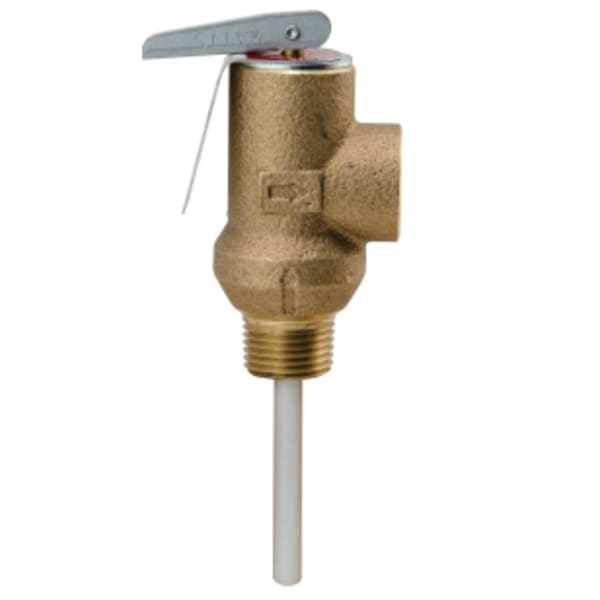 1/2" Bronze Self Closing Temperature And Pressure Relief Valve, 100 psi, 210 degree F, Test Lever, Short Thermostat