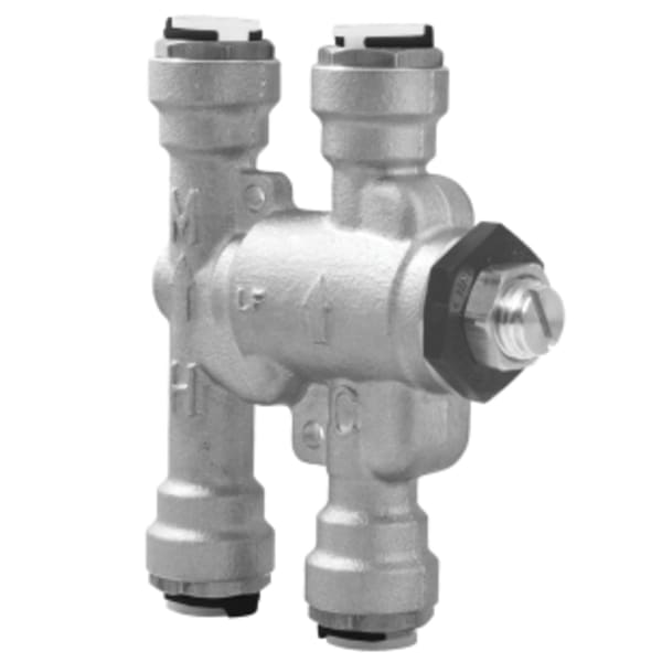 3/8" Lead Free Thermostatic Mixing Valve, Push to Connect End Connections, Satin Chrome Finish, Adjustable 80-120 F, Low Q Value, Model LFUSG-B-QC-SC M3