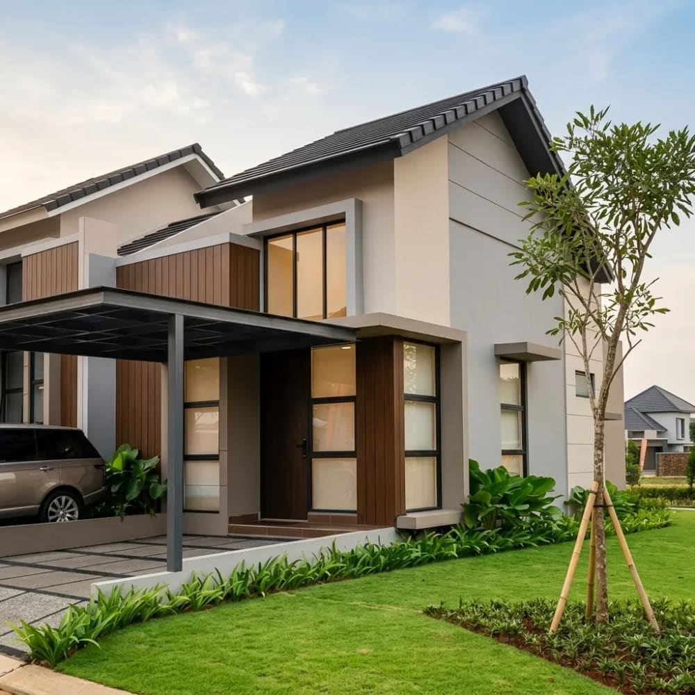 Tampilan Depan Fasad Rumah Modern Tipe Malta Cluster Ladera di Grand Duta City Parung