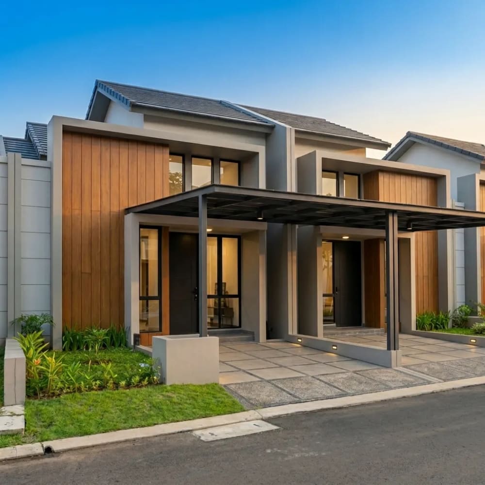 Desain Fasad Rumah Minimalis Estetik Tipe Aira Cluster Cascada di Grand Duta City Parung