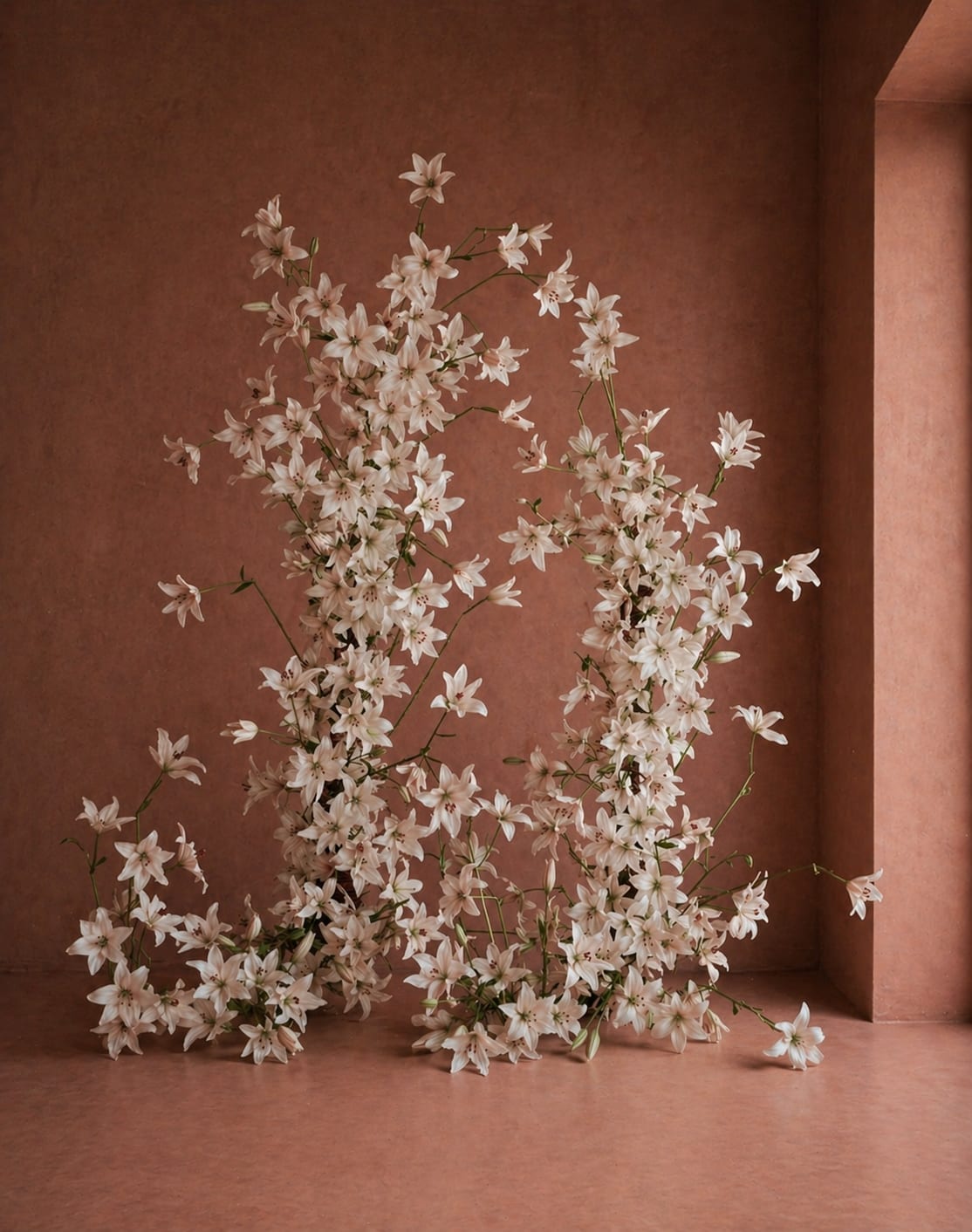 A tall arch of pale lilies on warm terracotta studio backdrop