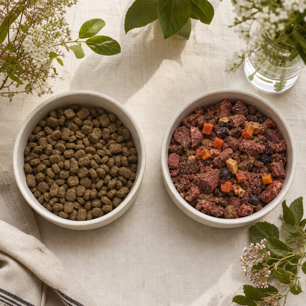 Two ceramic bowls side by side, kibble on the left and freeze-dried raw on the right
