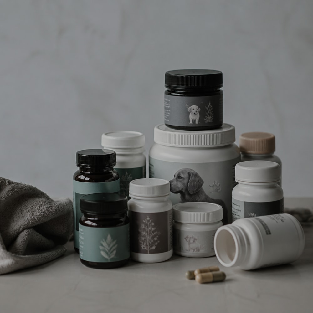 Stack of generic calming supplement containers on a plain surface