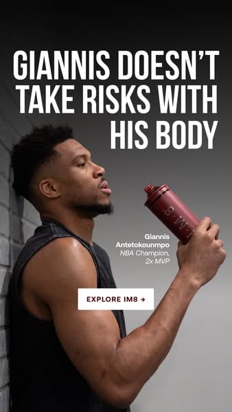 Giannis Antetokounmpo with IM8 Health ad