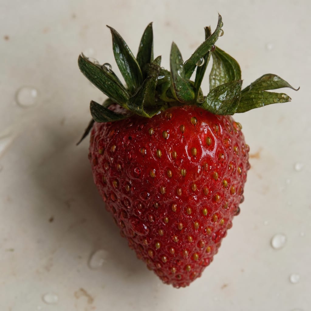 Close-up of a strawberry with water droplets on a neutral cream surface