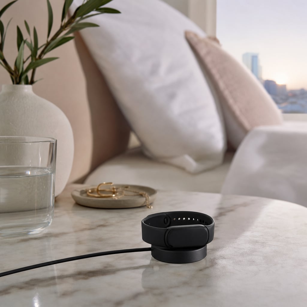 A fertility tracking bracelet on a charging dock at dawn