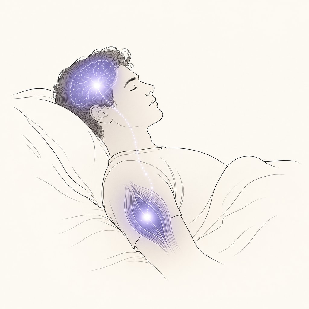 Editorial illustration showing brain and muscle recovery zones in a sleeping silhouette