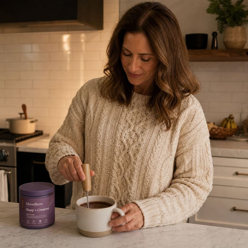 A woman in her 40s preparing a cup of MoonBrew at her kitchen counter in soft evening light