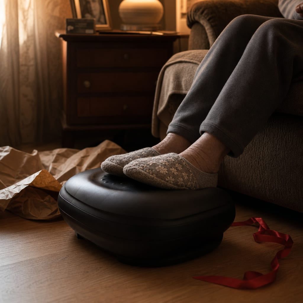 Black plastic vibrating foot massager being used as a footrest under an armchair, crumpled brown wrapping paper and red ribbon nearby, soft afternoon window light