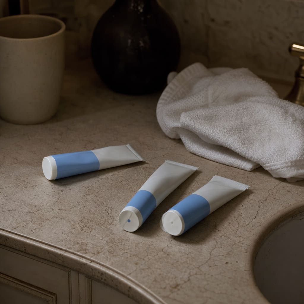 Three small unbranded tubes of numbing cream on a worn ceramic counter