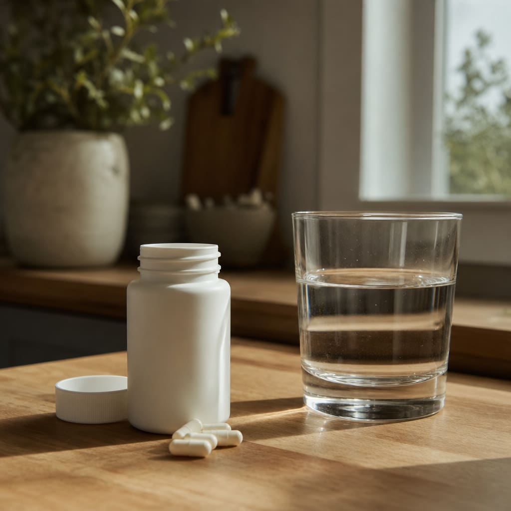 A small unbranded supplement bottle with capsules spilled onto a wooden counter beside a glass of water