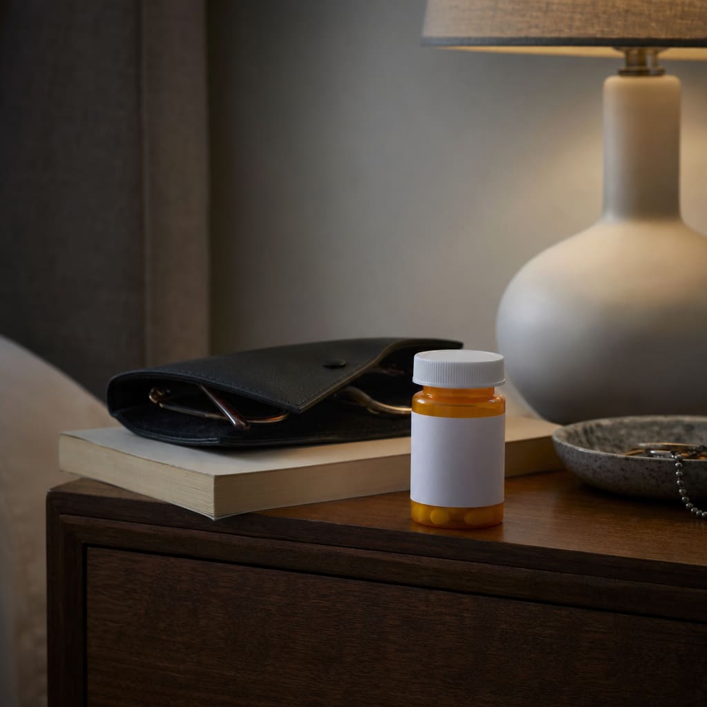 An amber prescription pill bottle on a wooden nightstand beside a closed paperback book and reading glasses case