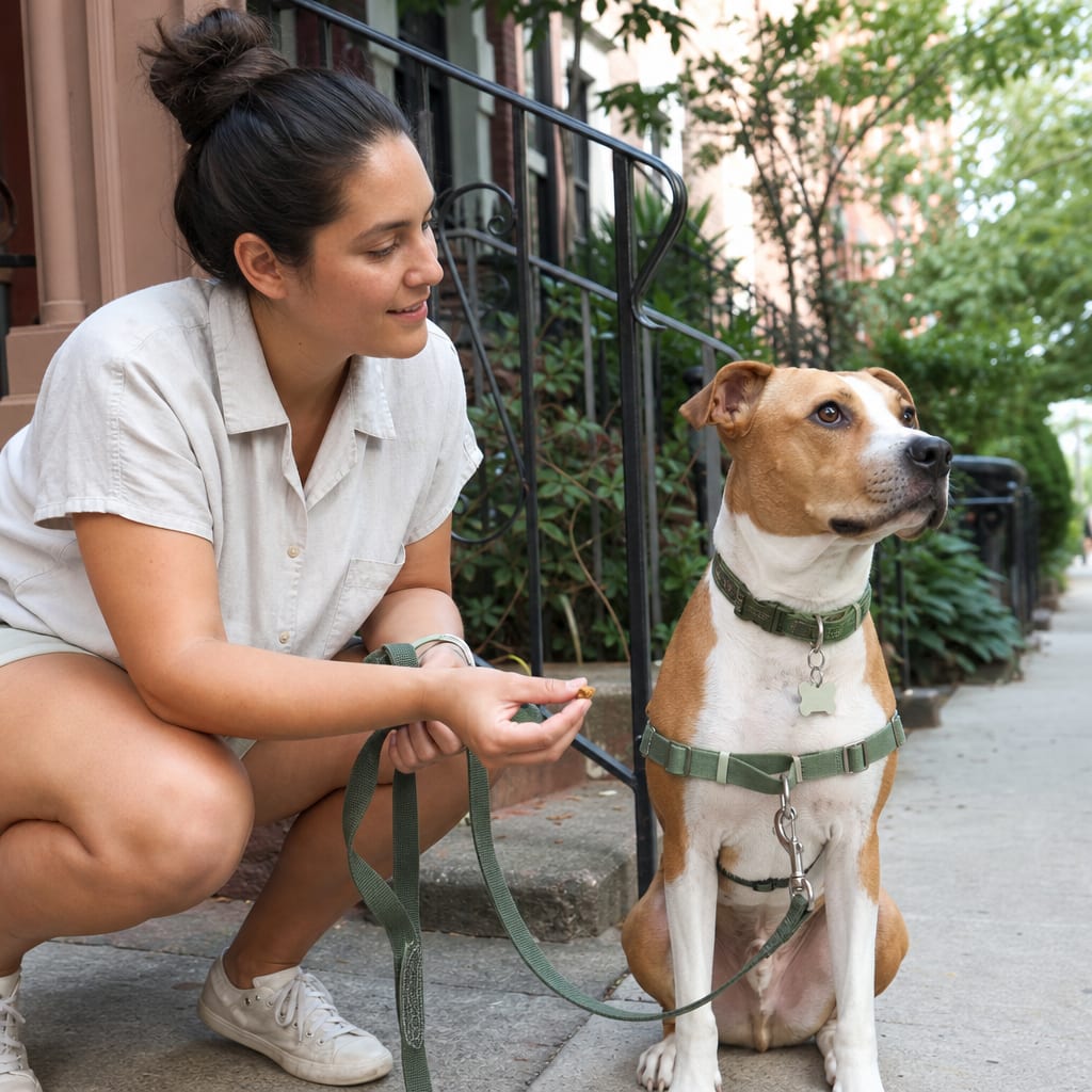 Owner crouching on a sidewalk offering a treat to a medium dog focused on something off-screen