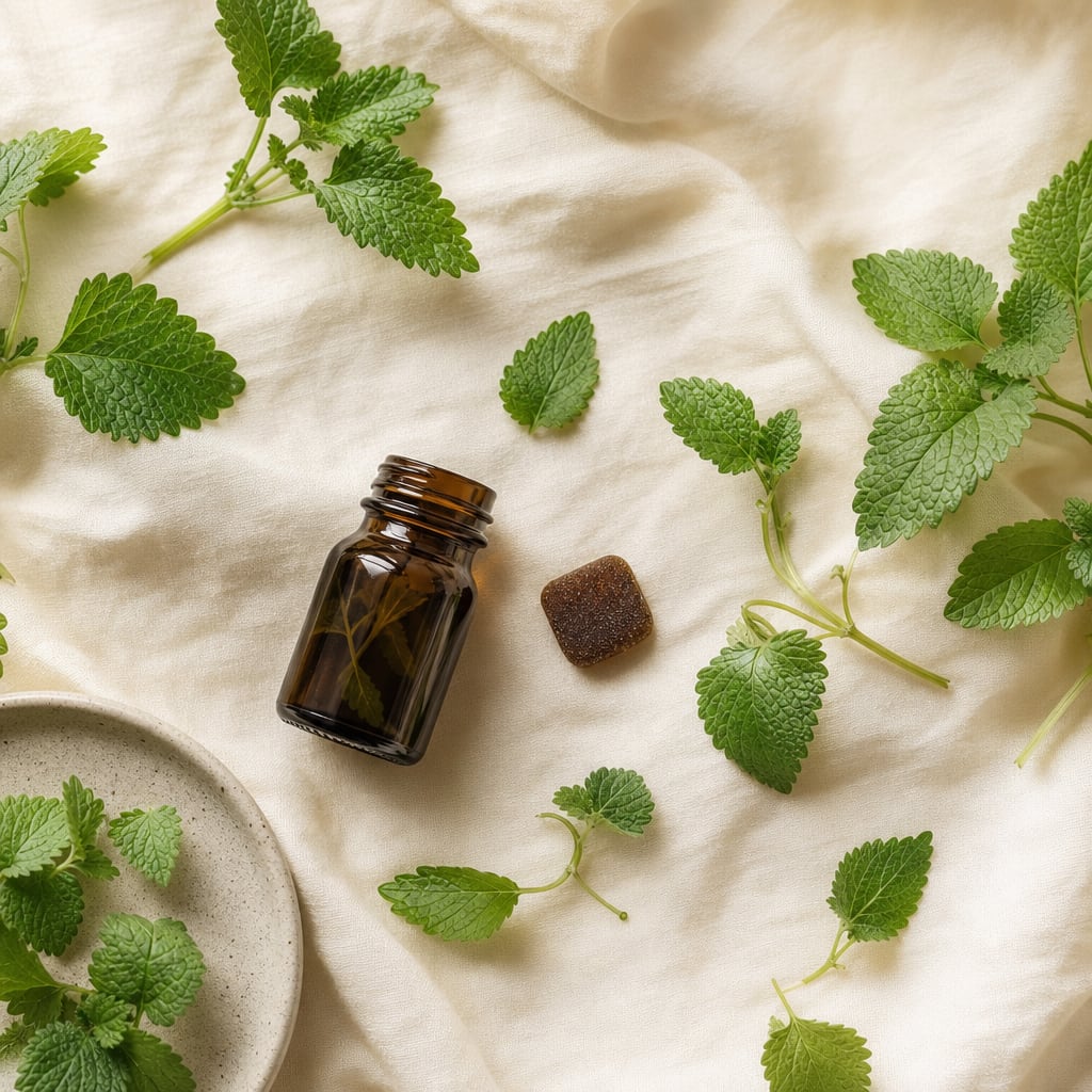 Top-down flat lay: fresh lemon balm leaves, a small brown supplement bottle, a single soft chew, natural north light on white linen