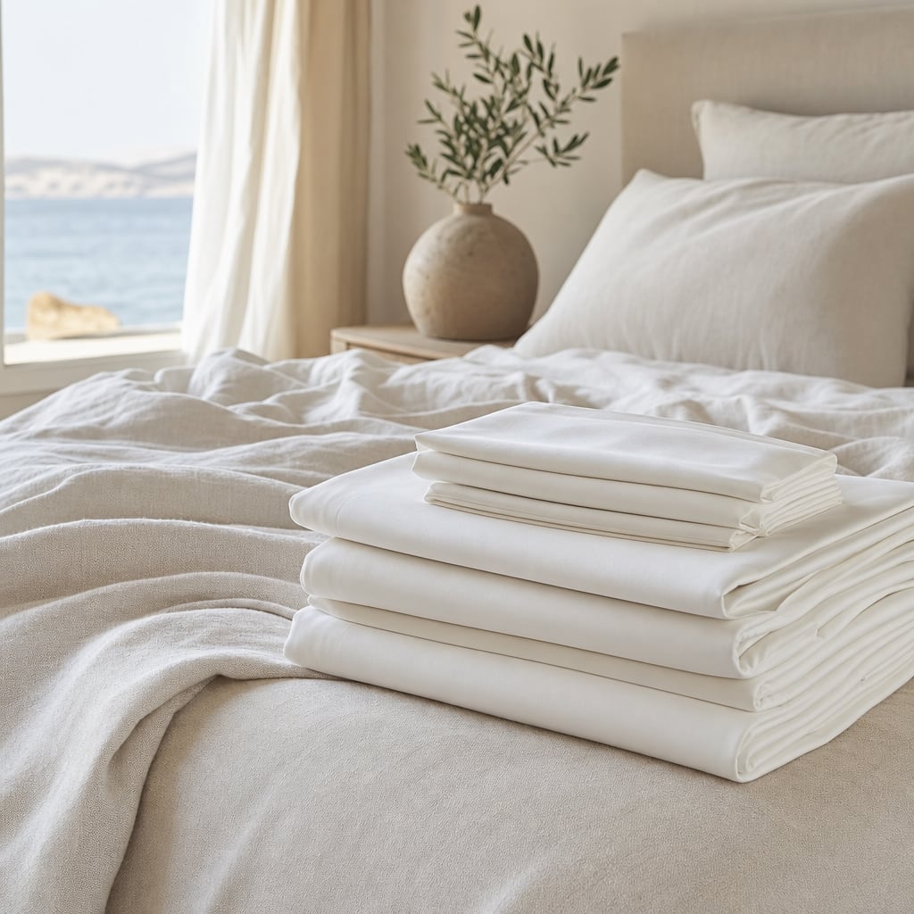Stack of luxurious folded white sheets on a linen bed