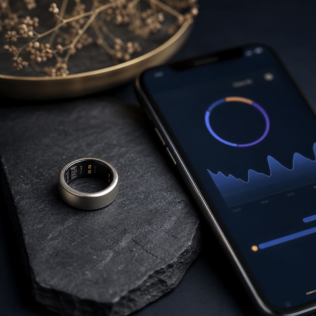 Minimalist titanium sleep ring on a slate surface beside a phone showing a sleep score