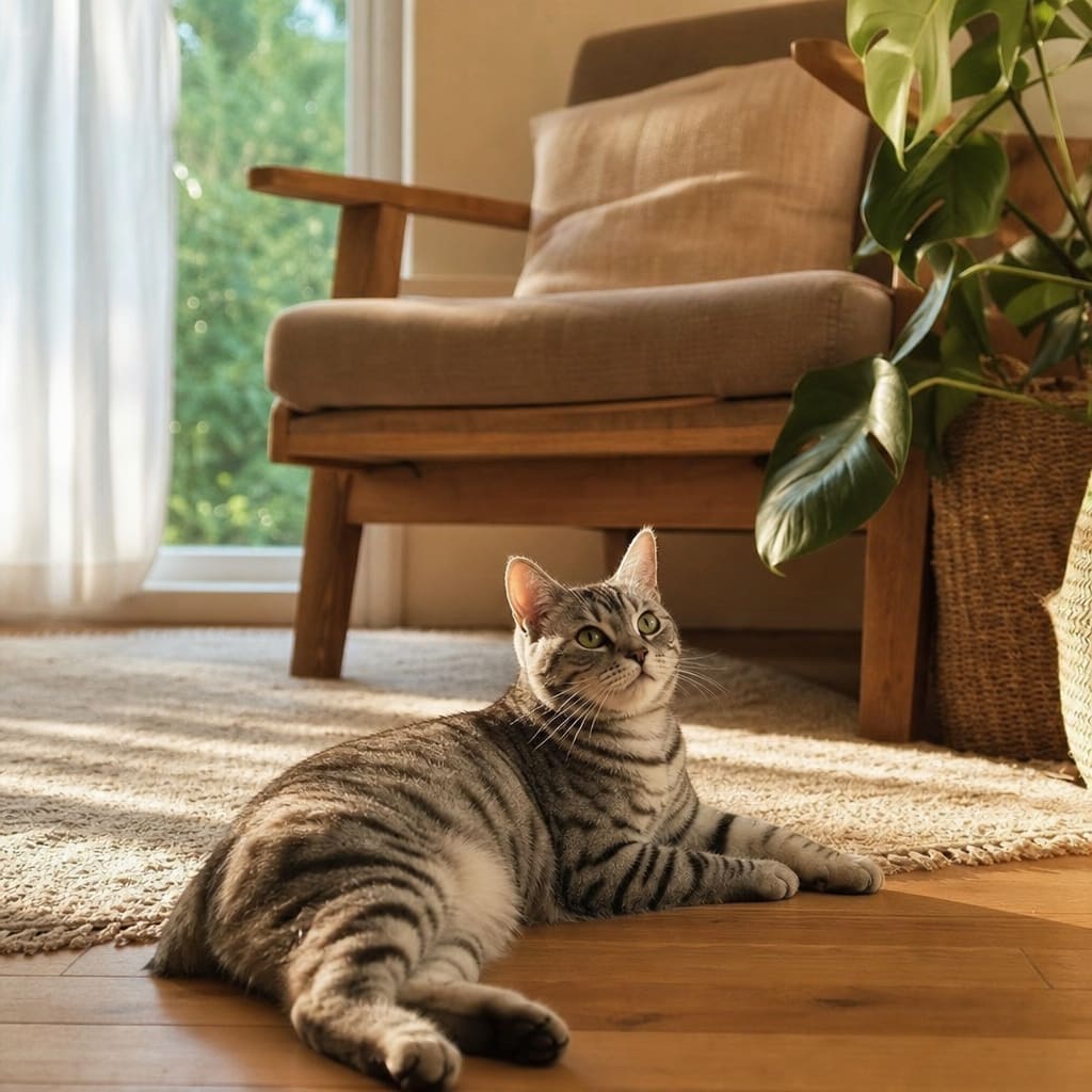 A calm tabby cat lounging in a sunlit living room — safe and relaxed pet home