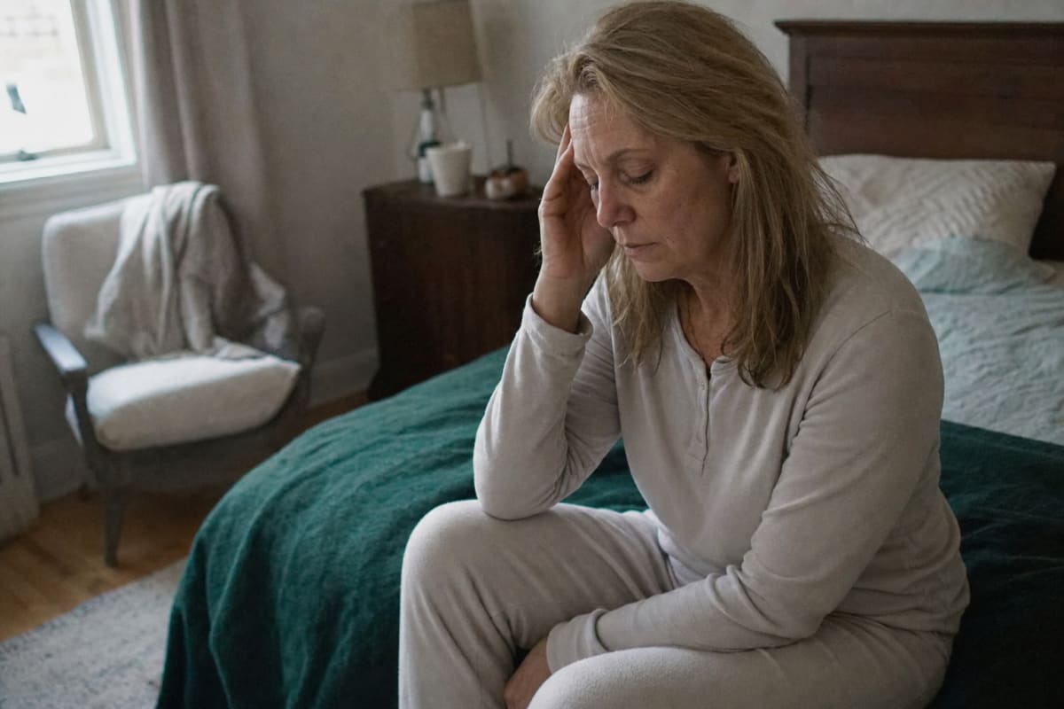 A woman worn out and low on energy, sitting on the edge of her bed