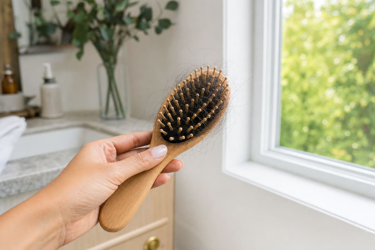 A hairbrush with loose hair in a bright bathroom