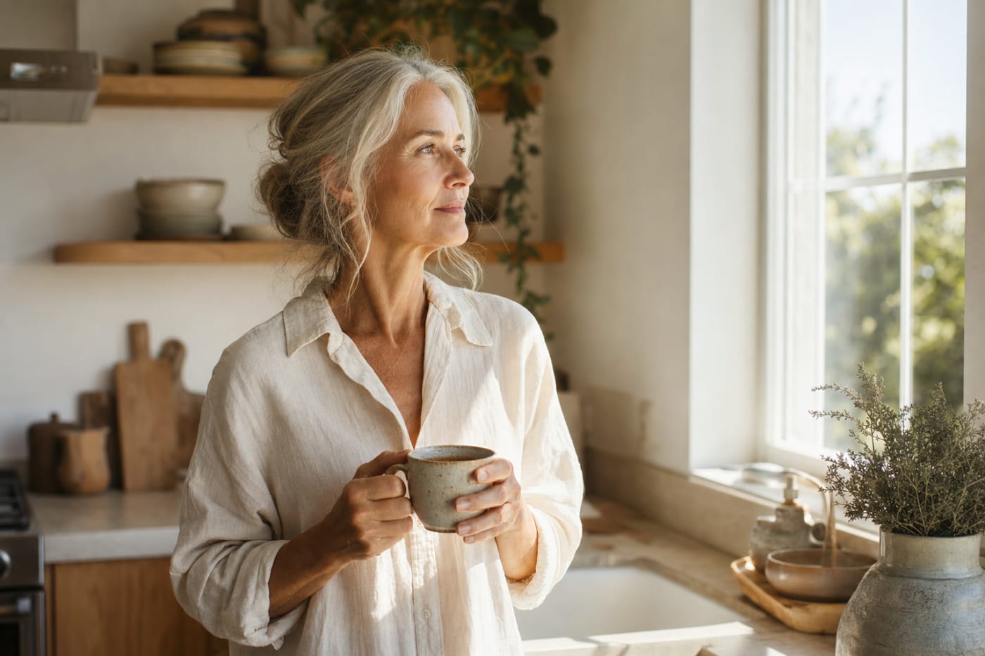A woman in her sixties at her kitchen counter in contemplative morning light