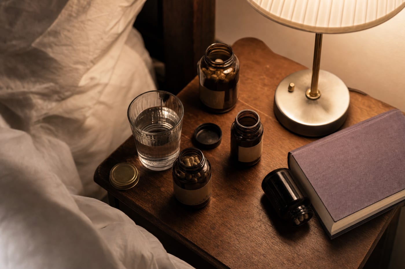 Cluttered bedside table at night with four supplement bottles, a glass of water, and a lamp