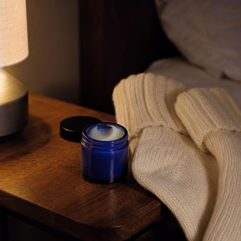 A small jar of cream on a wooden nightstand