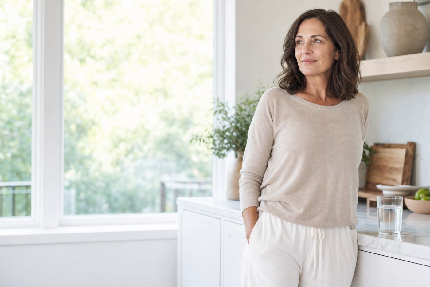 A healthy woman in a bright kitchen