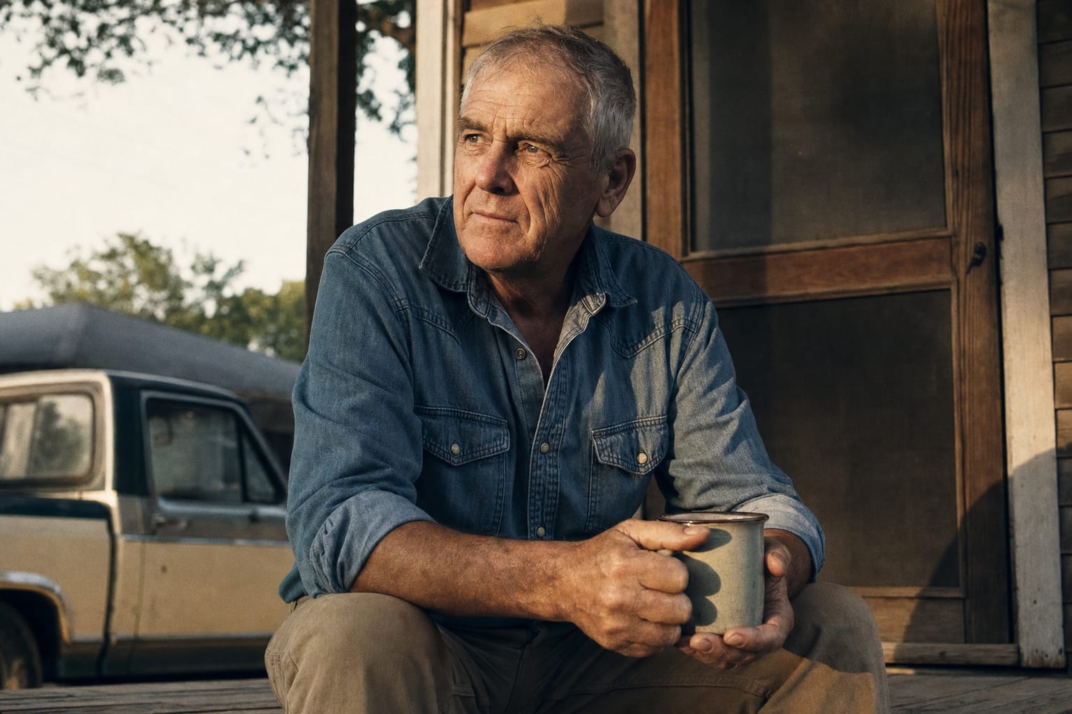 A man in his late sixties on his porch step in late-afternoon light, holding a coffee mug, contemplative