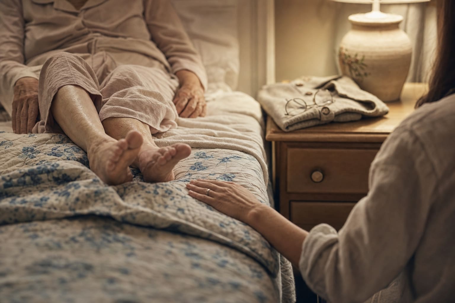 Adult daughter's hand resting on the bedspread next to her elderly mother's bare feet at night, soft warm bedside lamp light